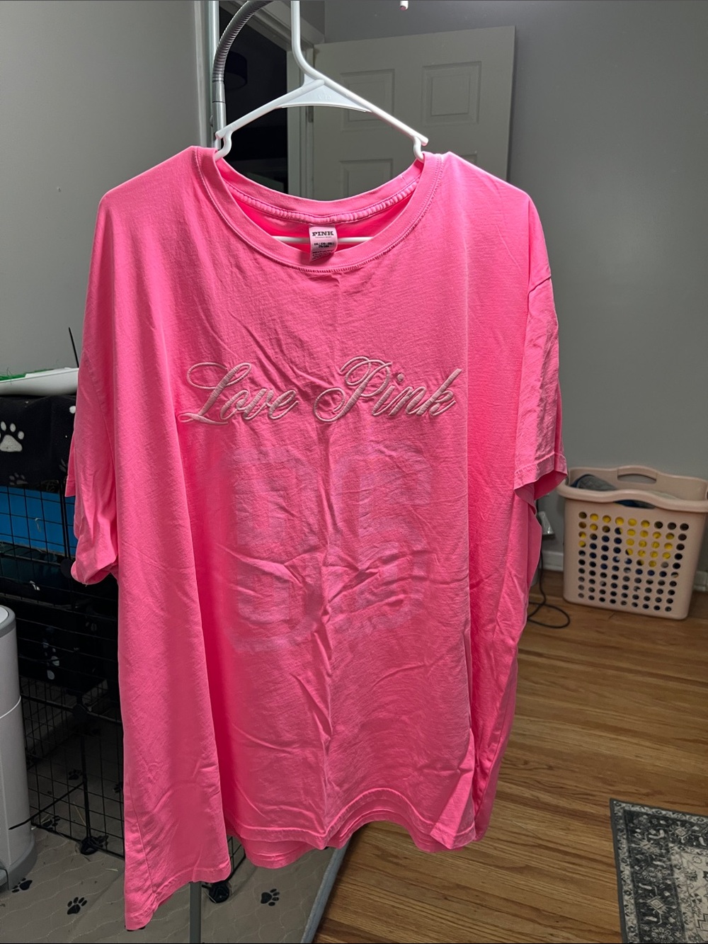 NWOT PINK Victoria's Secret Campus Neon Pink 'Love Pink' Embroidered Tee